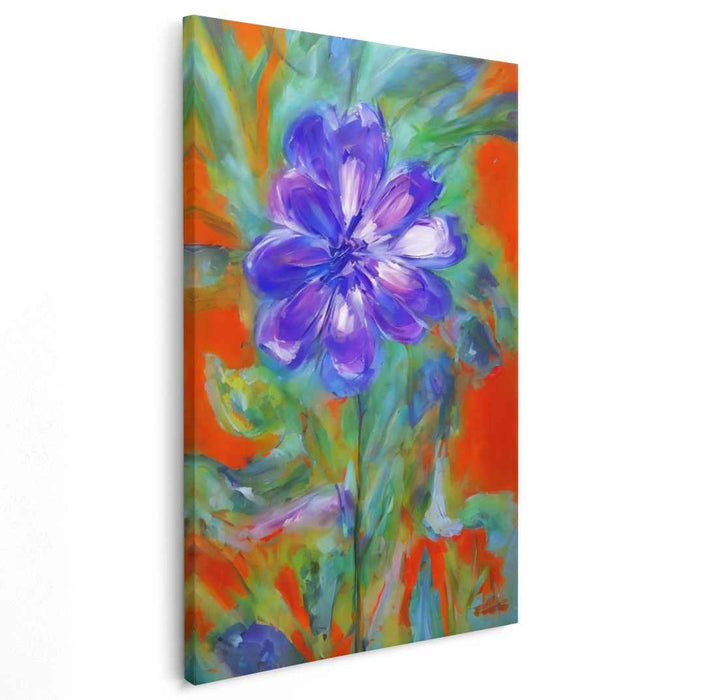 Blaze in Bloom: Expressive Purple Flower on Fiery Orange Canvas Art Print