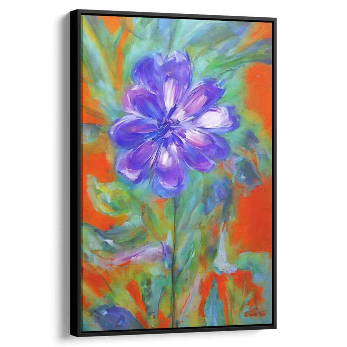 Blaze in Bloom: Expressive Purple Flower on Fiery Orange Canvas Art Print