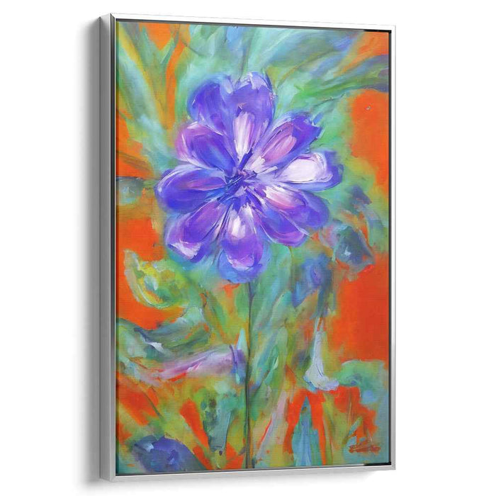Blaze in Bloom: Expressive Purple Flower on Fiery Orange Canvas Art Print