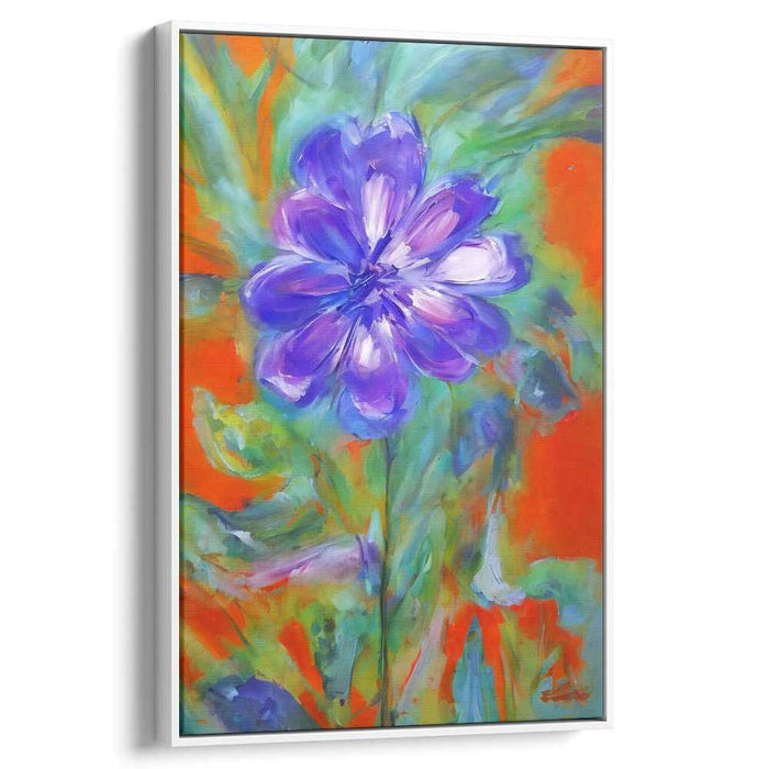 Blaze in Bloom: Expressive Purple Flower on Fiery Orange Canvas Art Print