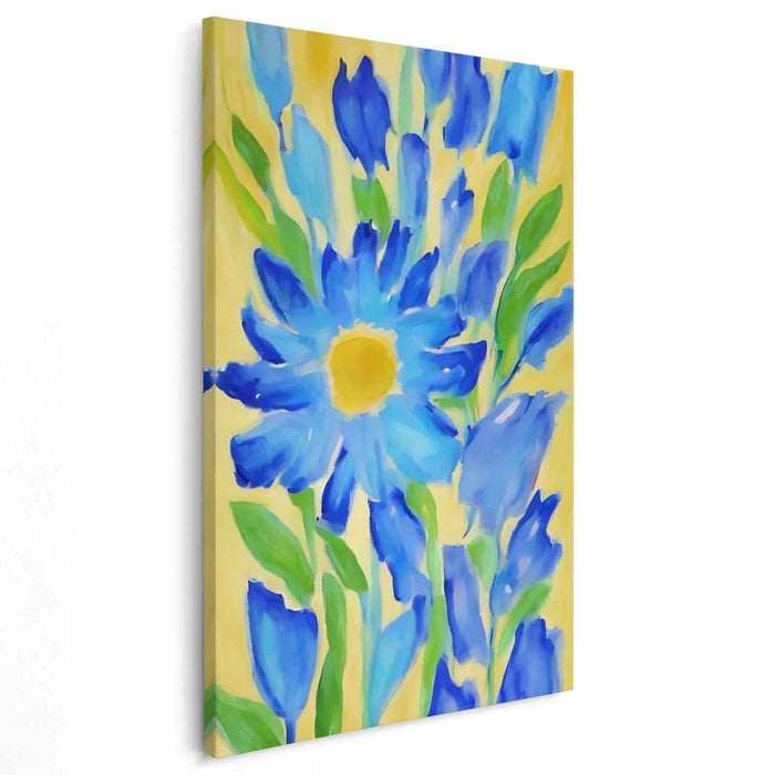 Sapphire Petal Symphony: Blue and Yellow Floral Watercolor Canvas Art