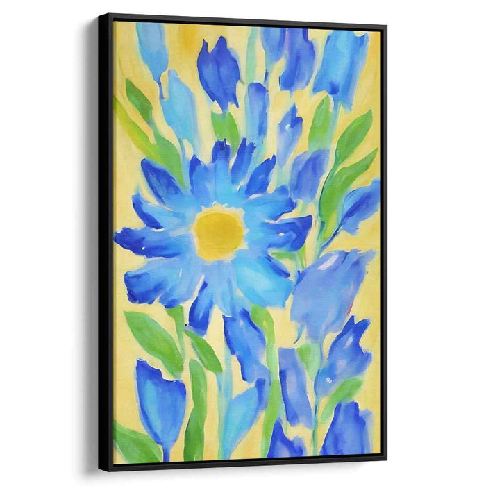Sapphire Petal Symphony: Blue and Yellow Floral Watercolor Canvas Art