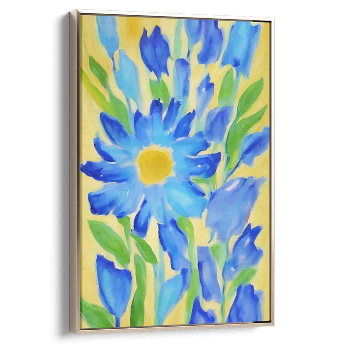 Sapphire Petal Symphony: Blue and Yellow Floral Watercolor Canvas Art