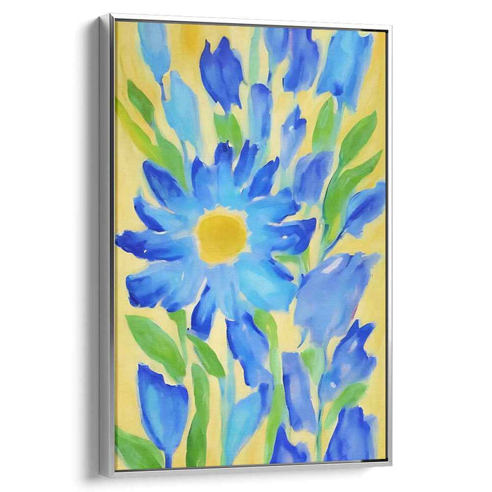 Sapphire Petal Symphony: Blue and Yellow Floral Watercolor Canvas Art