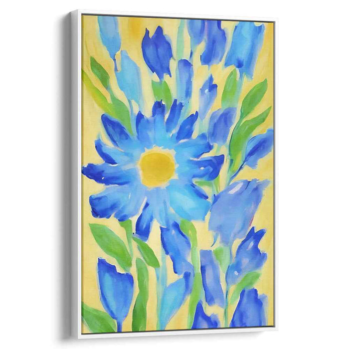 Sapphire Petal Symphony: Blue and Yellow Floral Watercolor Canvas Art