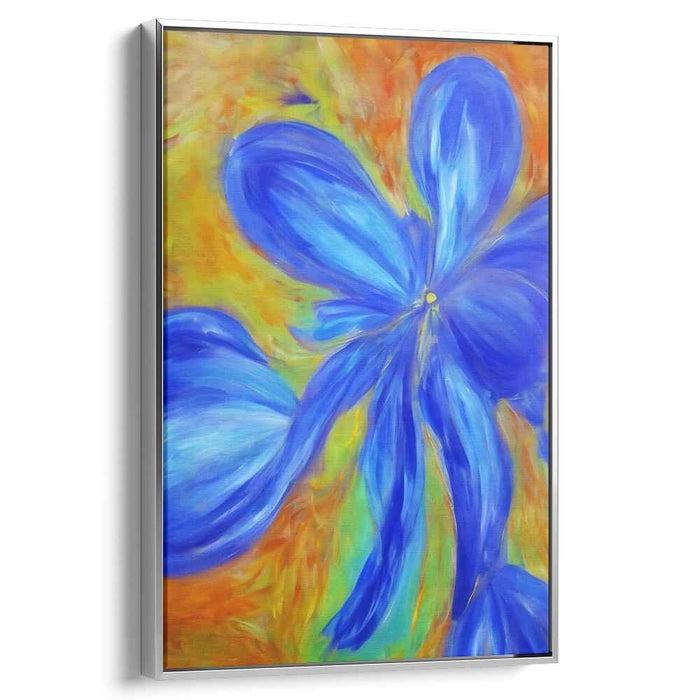 Floral Inferno: Abstract Blue Flower on Fiery Canvas