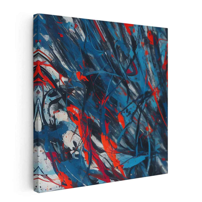 Chaos Melodies Dance Together: Abstract Expressionist Blue and Red Canvas Art Print