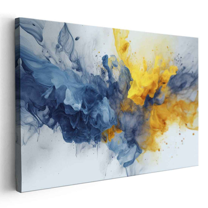 Energetic Collision: Abstract Blue and Yellow Paint Splash Canvas Art
