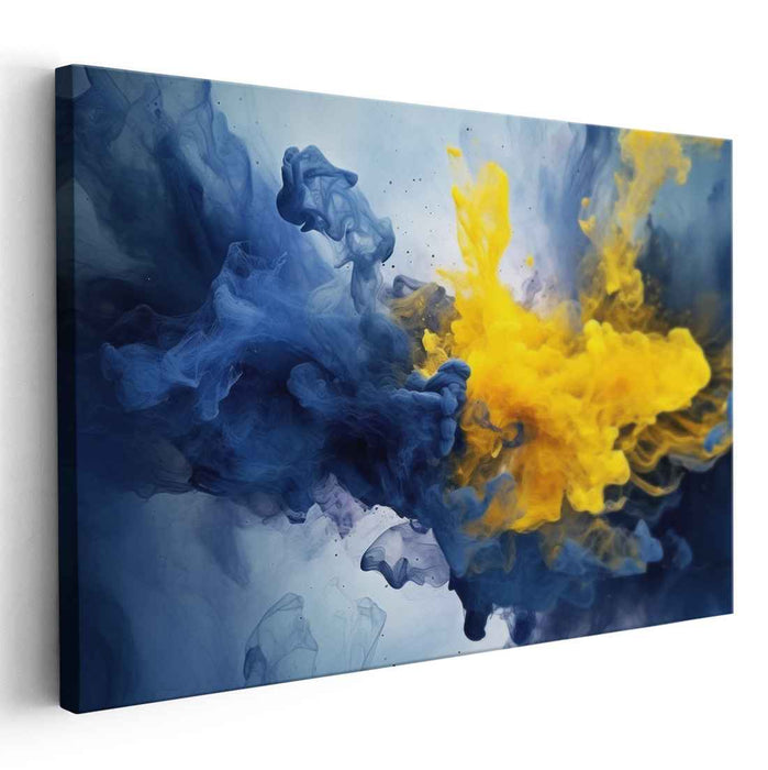 Dynamic Collision: Abstract Yellow and Blue Swirl Canvas Art Print