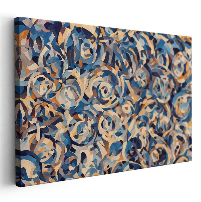 Swirling Geometries: Abstract Cubist Blue and Beige Canvas Art Print