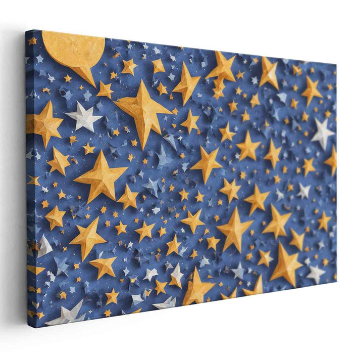 Starry Night Reflections: Golden and Silver Stars on Deep Blue Canvas Art Print