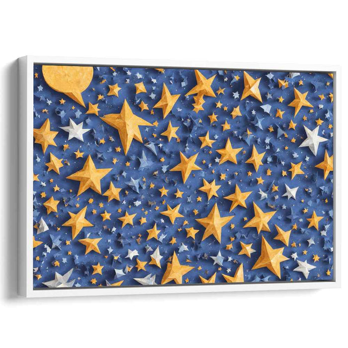 Starry Night Reflections: Golden and Silver Stars on Deep Blue Canvas Art Print