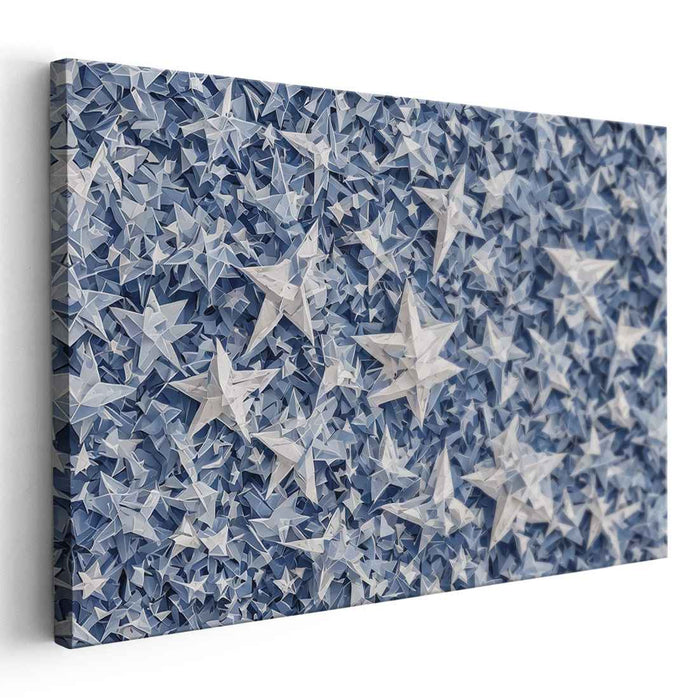 Tranquil Azure Celestial Collage Painting: Serene Blue Paper Star Mosaic Canvas Art