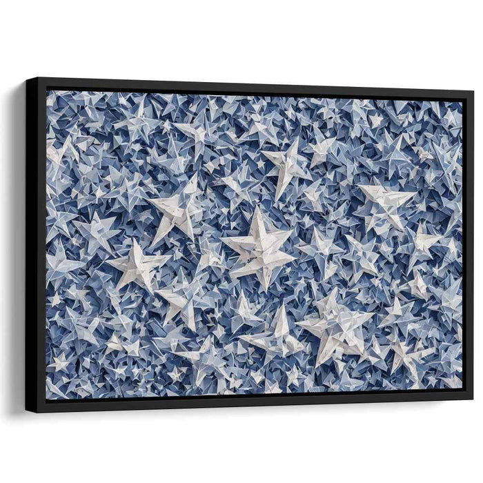 Tranquil Azure Celestial Collage Painting: Serene Blue Paper Star Mosaic Canvas Art