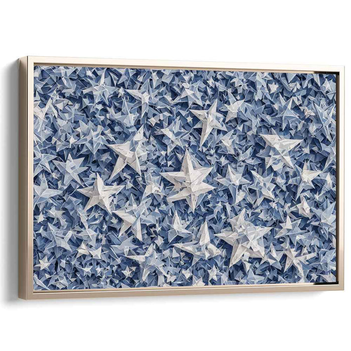 Tranquil Azure Celestial Collage Painting: Serene Blue Paper Star Mosaic Canvas Art