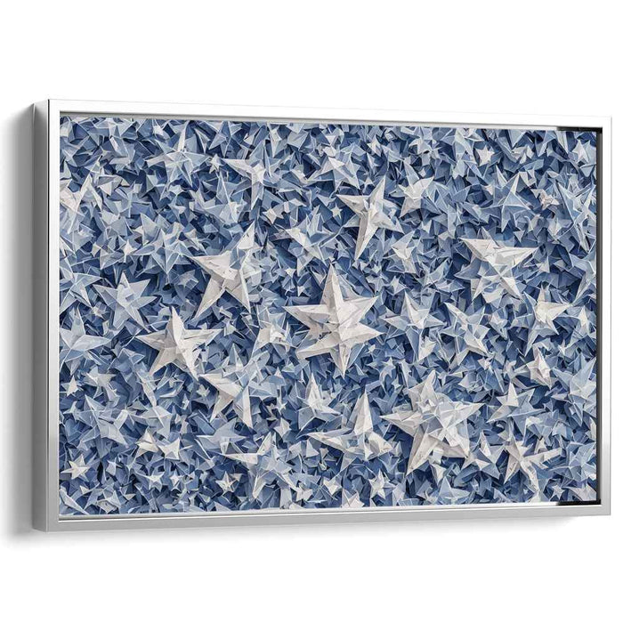 Tranquil Azure Celestial Collage Painting: Serene Blue Paper Star Mosaic Canvas Art