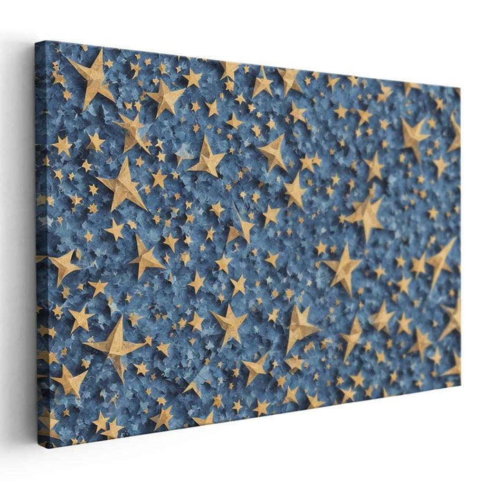 Stardust Symphony Glowing in Darkness: Golden Stars on Midnight Blue Canvas Art Print