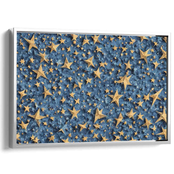 Stardust Symphony Glowing in Darkness: Golden Stars on Midnight Blue Canvas Art Print