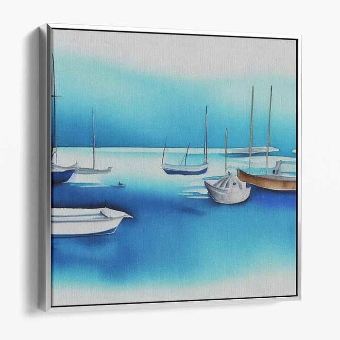 Sail Through Solitude: Minimalist Blue Boat Scene Canvas Art Print