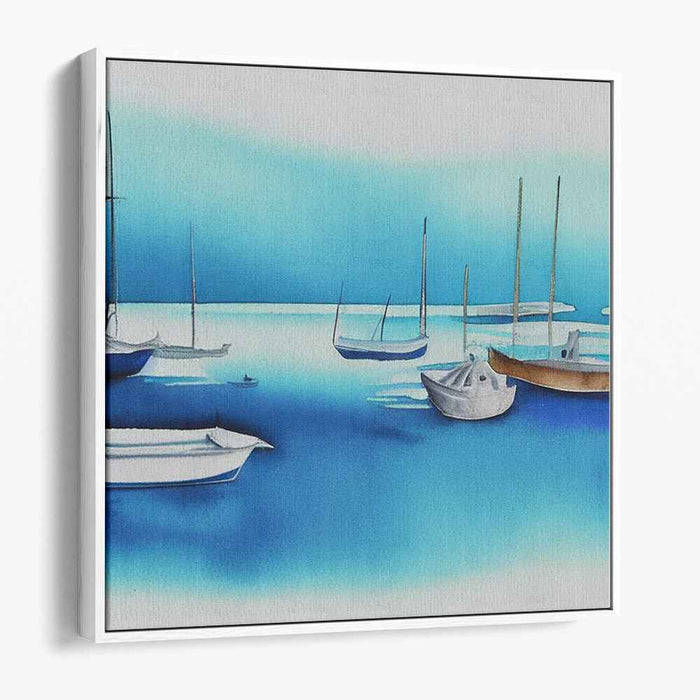 Sail Through Solitude: Minimalist Blue Boat Scene Canvas Art Print