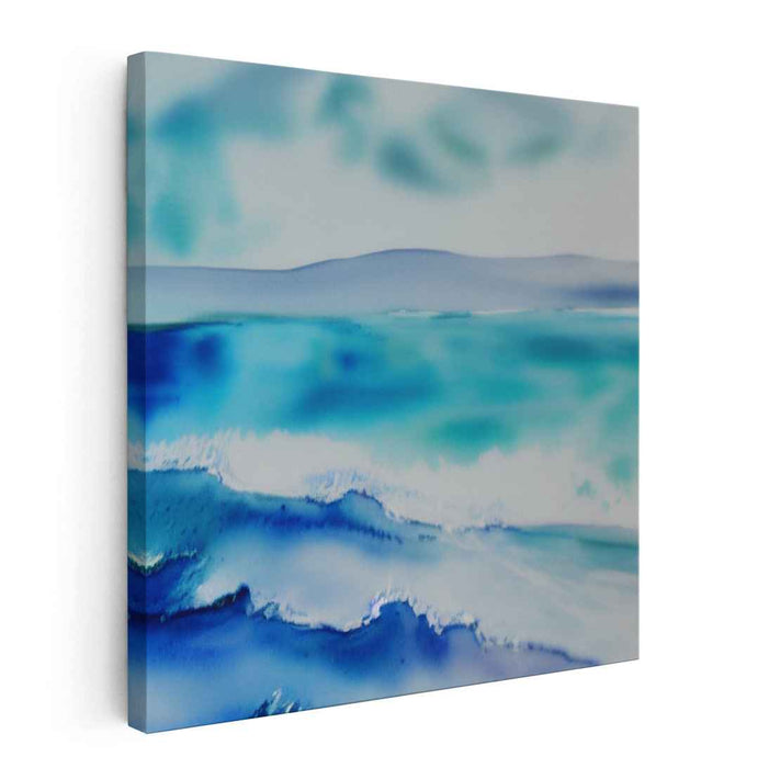 Horizon Whispers by the Sea: Coastal Dreamscape in Blue Watercolor Canvas Art