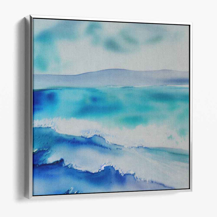 Horizon Whispers by the Sea: Coastal Dreamscape in Blue Watercolor Canvas Art