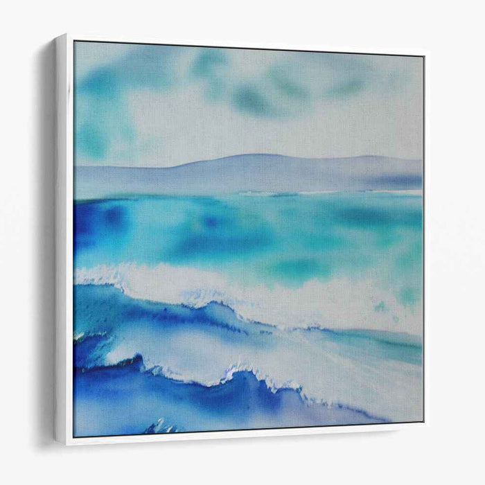 Horizon Whispers by the Sea: Coastal Dreamscape in Blue Watercolor Canvas Art