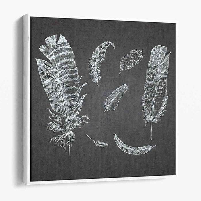 Whispers of Midnight Plumes: Intricate Feather Illustrations on Charcoal Canvas