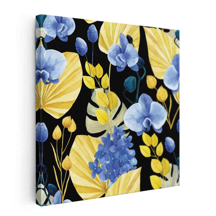 Enchanted Floral Tapestry: Blue Orchids and Golden Leaves Canvas Art Print