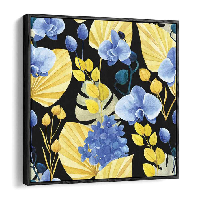 Enchanted Floral Tapestry: Blue Orchids and Golden Leaves Canvas Art Print