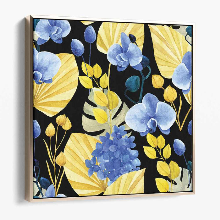 Enchanted Floral Tapestry: Blue Orchids and Golden Leaves Canvas Art Print