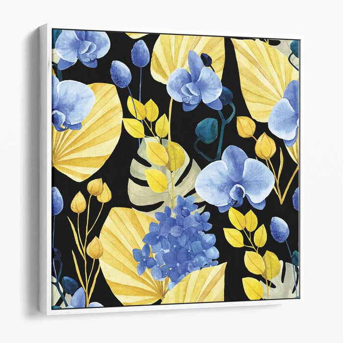 Enchanted Floral Tapestry: Blue Orchids and Golden Leaves Canvas Art Print