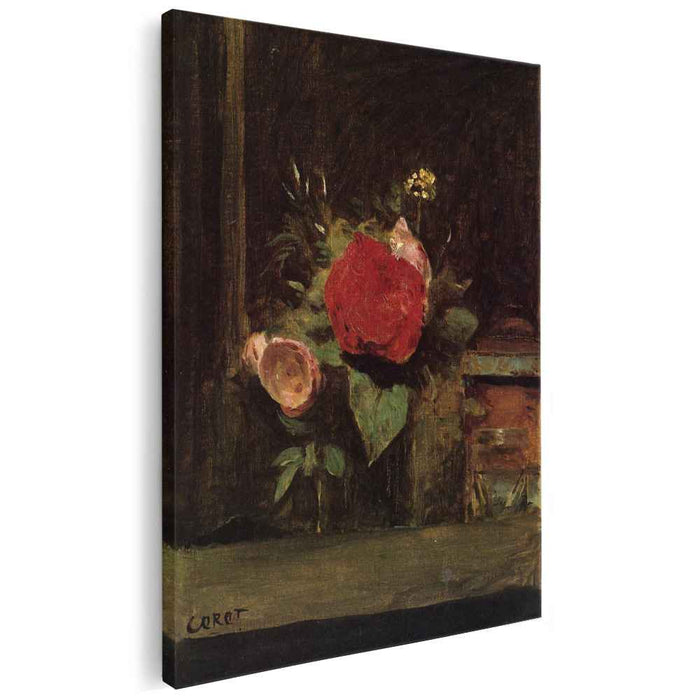 Bouquet of Flowers in a Glass beside a Tobacco Pot (1874) by Camille Corot