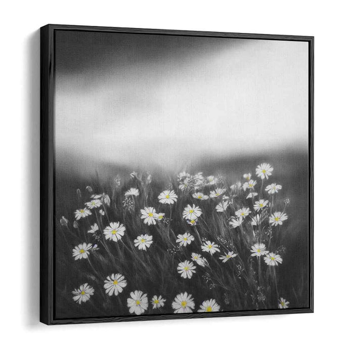 Monochrome Meadow Melody: Black and White Wildflower Landscape Canvas Art Print