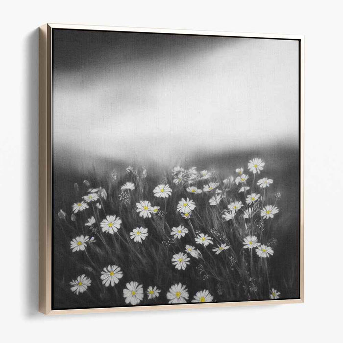 Monochrome Meadow Melody: Black and White Wildflower Landscape Canvas Art Print