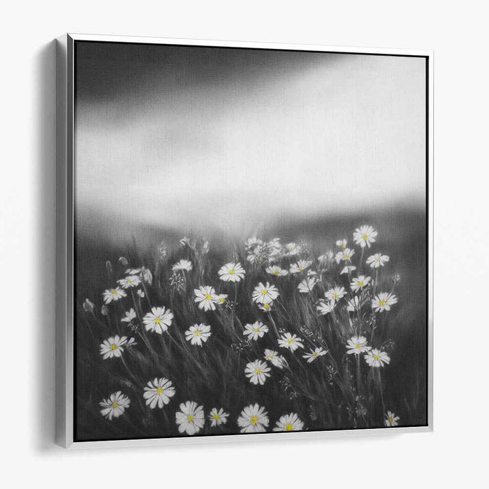 Monochrome Meadow Melody: Black and White Wildflower Landscape Canvas Art Print