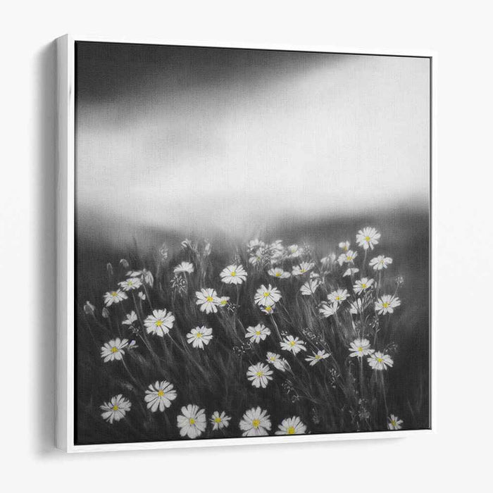 Monochrome Meadow Melody: Black and White Wildflower Landscape Canvas Art Print