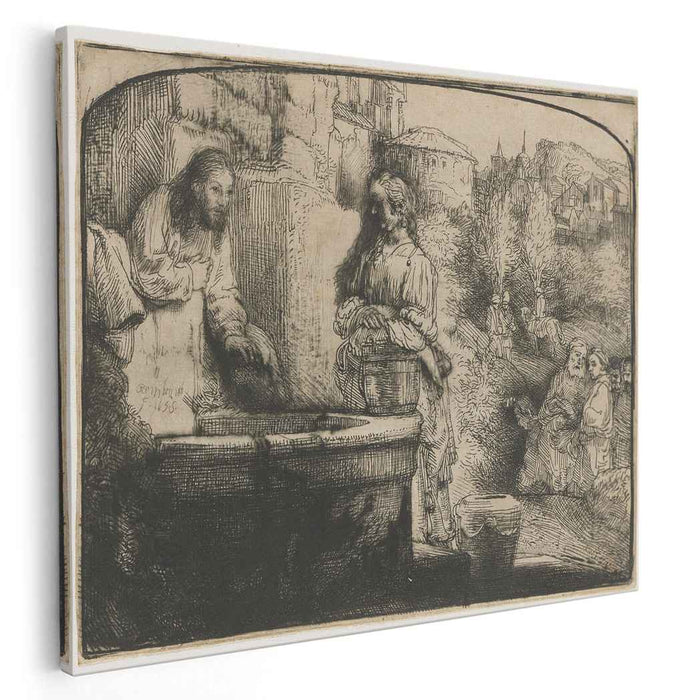 Christ and the woman of Samaria an arched print (1658) by Rembrandt