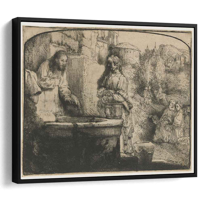 Christ and the woman of Samaria an arched print (1658) by Rembrandt