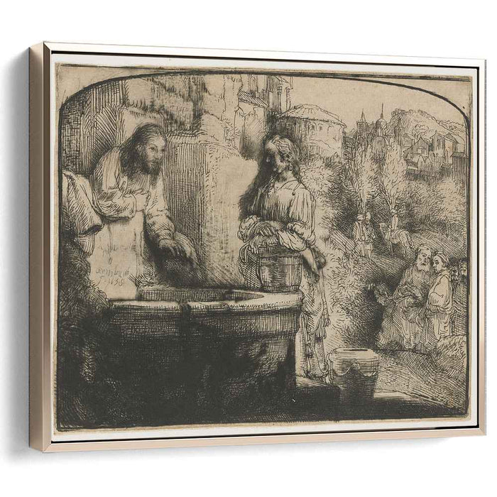 Christ and the woman of Samaria an arched print (1658) by Rembrandt