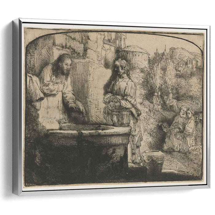 Christ and the woman of Samaria an arched print (1658) by Rembrandt