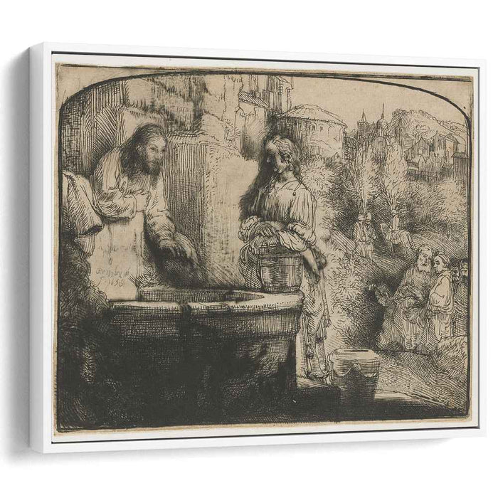 Christ and the woman of Samaria an arched print (1658) by Rembrandt