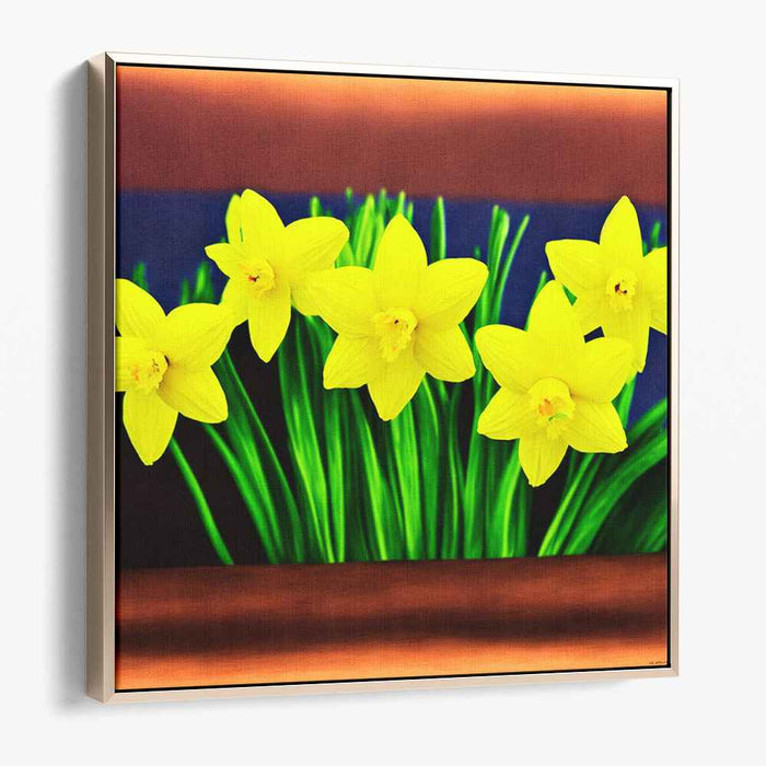 Illusionary Sunlit Petals: Realistic Daffodils Against Deep Blue Canvas Art Print