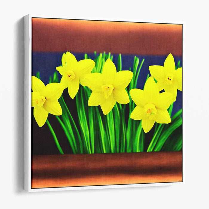 Illusionary Sunlit Petals: Realistic Daffodils Against Deep Blue Canvas Art Print