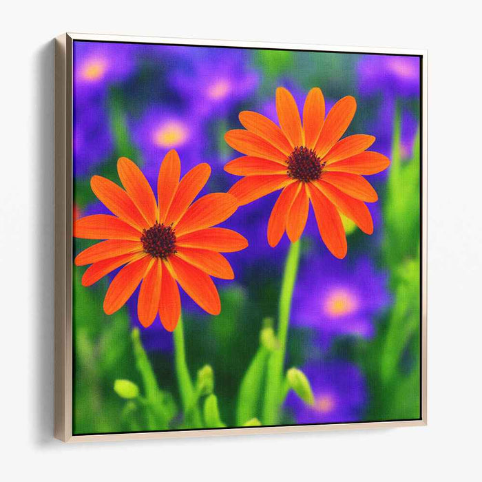 Amber Petals Dance: Vibrant Orange Daisies with Purple Floral Background Canvas Art Print