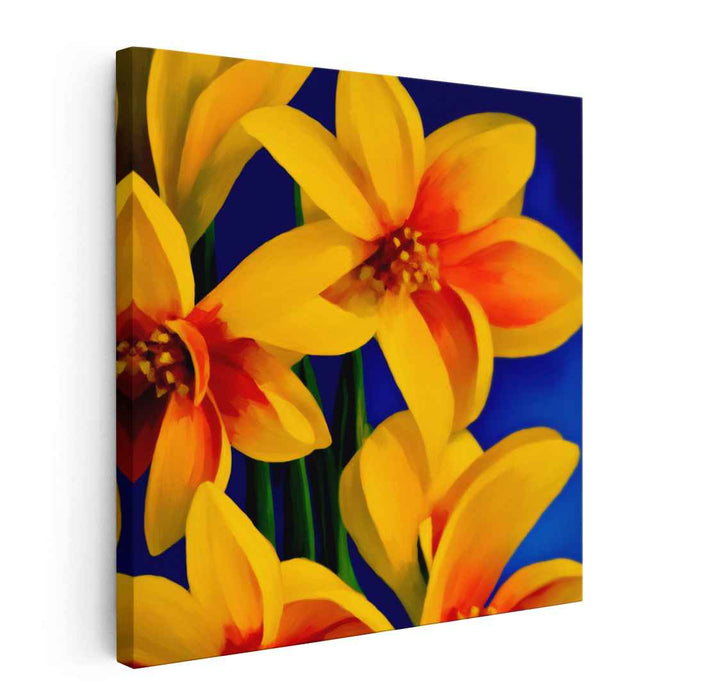 Regal Bloomscape: Vibrant Yellow Daffodils Against Royal Blue Canvas Art Print