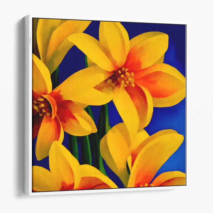 Regal Bloomscape: Vibrant Yellow Daffodils Against Royal Blue Canvas Art Print