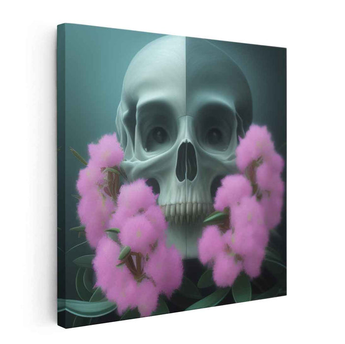 Ethereal Dichotomy: Surreal Skull and Blossoms Canvas Art Print