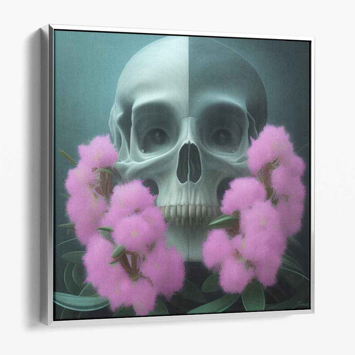 Ethereal Dichotomy: Surreal Skull and Blossoms Canvas Art Print