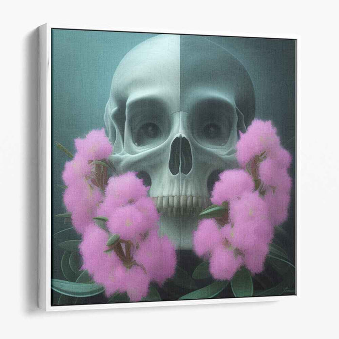 Ethereal Dichotomy: Surreal Skull and Blossoms Canvas Art Print